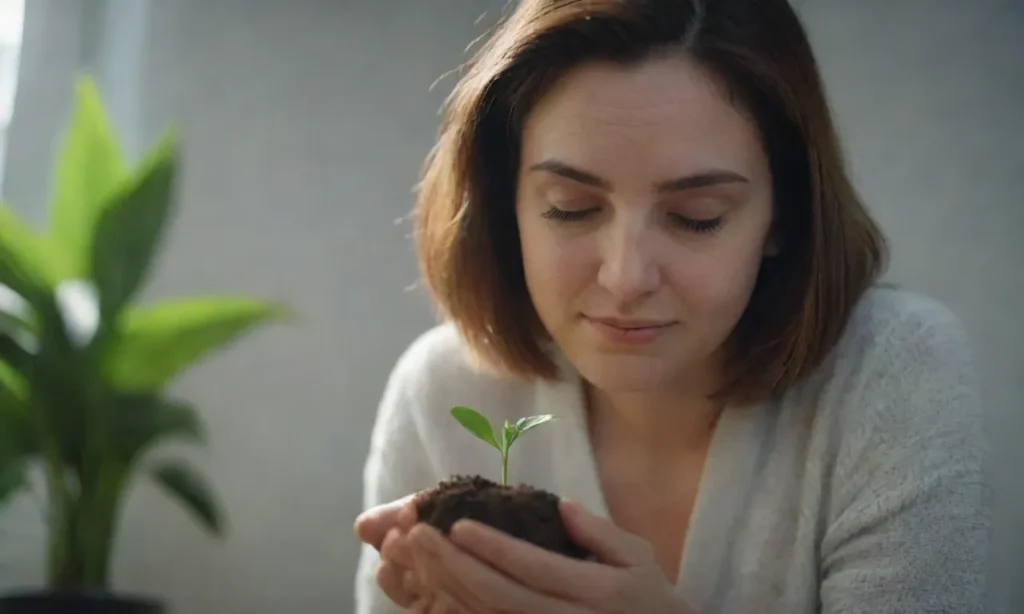 Una mujer sosteniendo un brote que representa su confianza creciendo