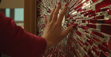 Una mano tocando un cristal roto