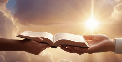 Dos manos en el cielo sosteniendo una biblia