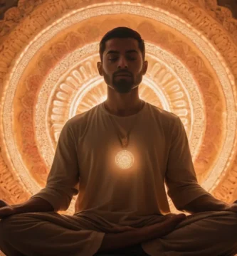 Una persona meditando con un fondo luminoso y una luz en el pecho